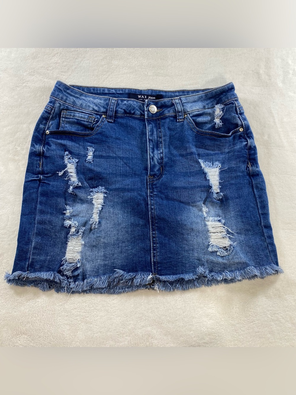 Wax Jean LA Distressed Denim Mini Skirt Dark Wash Fringe Hem Medium